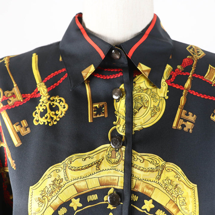 Great HERMES Long sleeve polo shirt LES CLES THE KEYS RARE black silk Women M