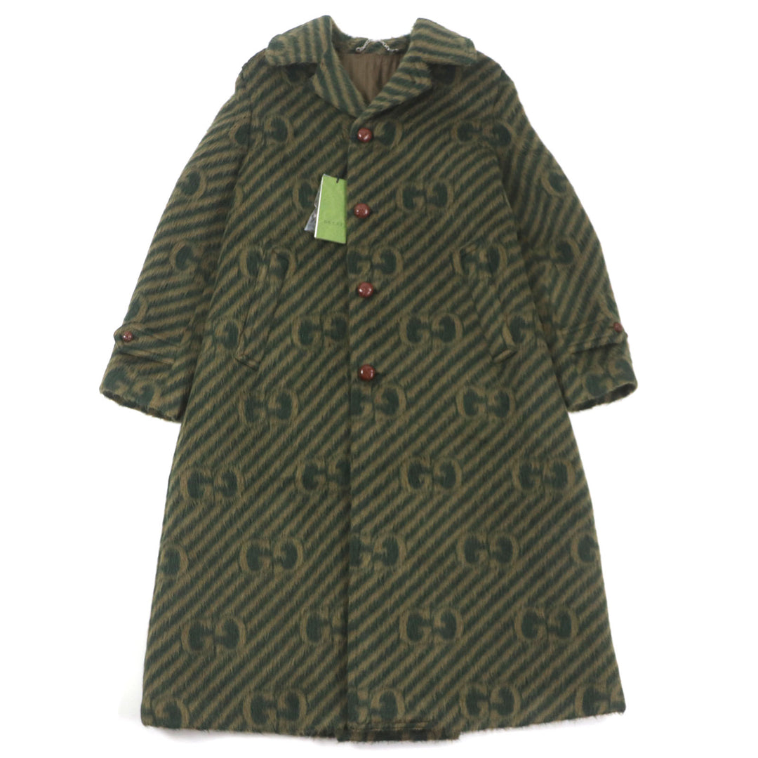 Pristine GUCCI Stainless collar coat GG stripe covered button green Llama mens 44 639261