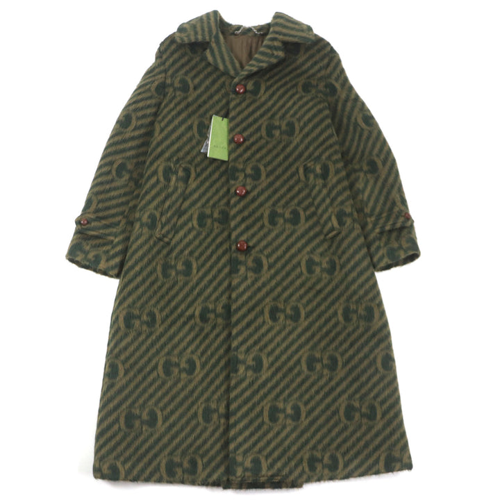 Pristine GUCCI Stainless collar coat GG stripe covered button green Llama mens 44 639261
