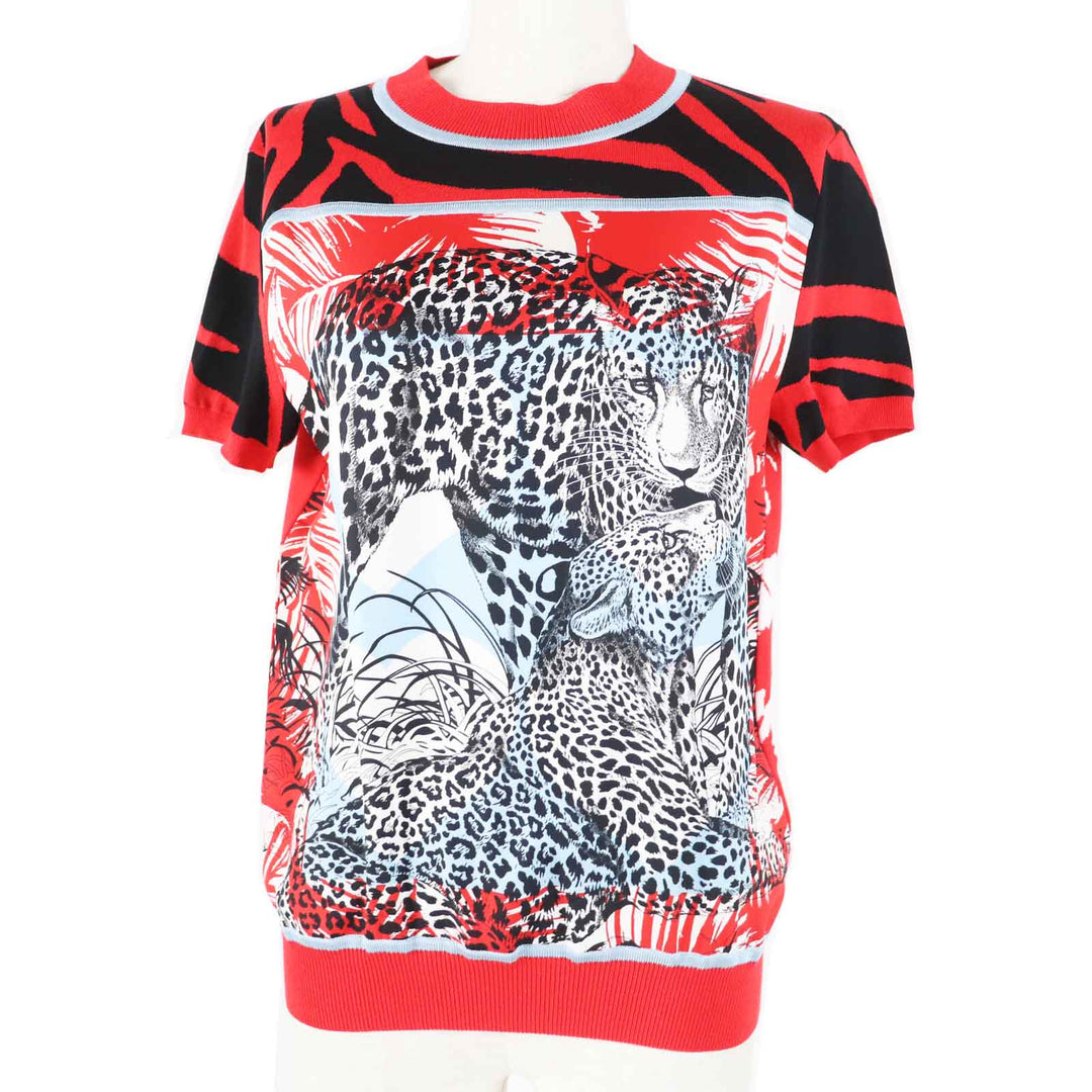 Excellent HERMES Short sleeve knit JUNGLE LOVE Red x multi silk 36 3E2868D3