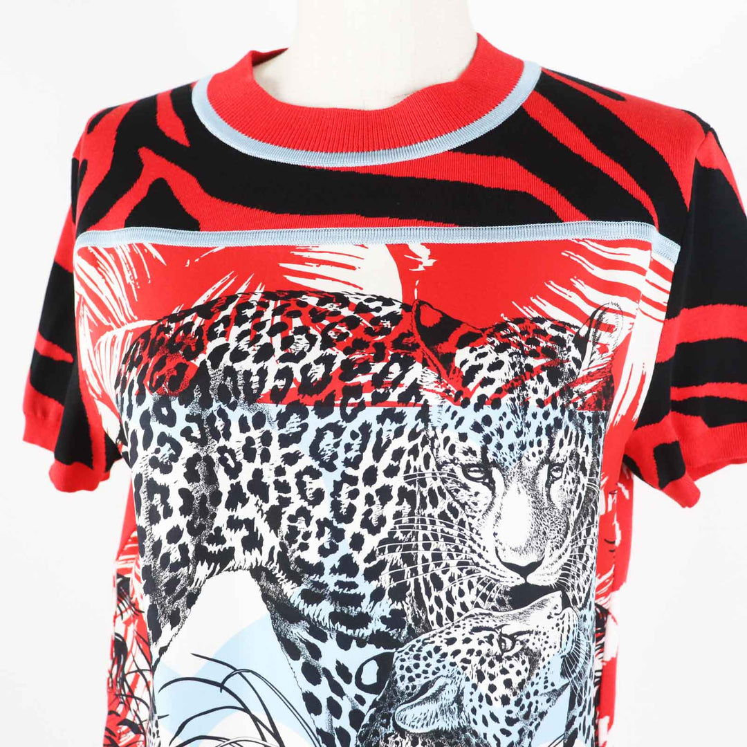 Excellent HERMES Short sleeve knit JUNGLE LOVE Red x multi silk 36 3E2868D3