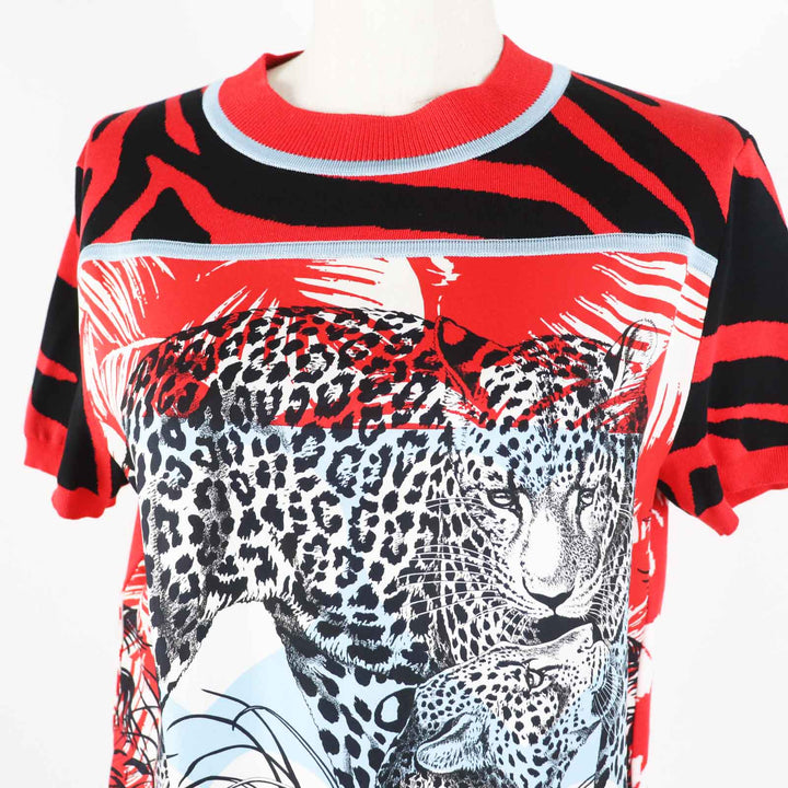 Excellent HERMES Short sleeve knit JUNGLE LOVE Red x multi silk 36 3E2868D3