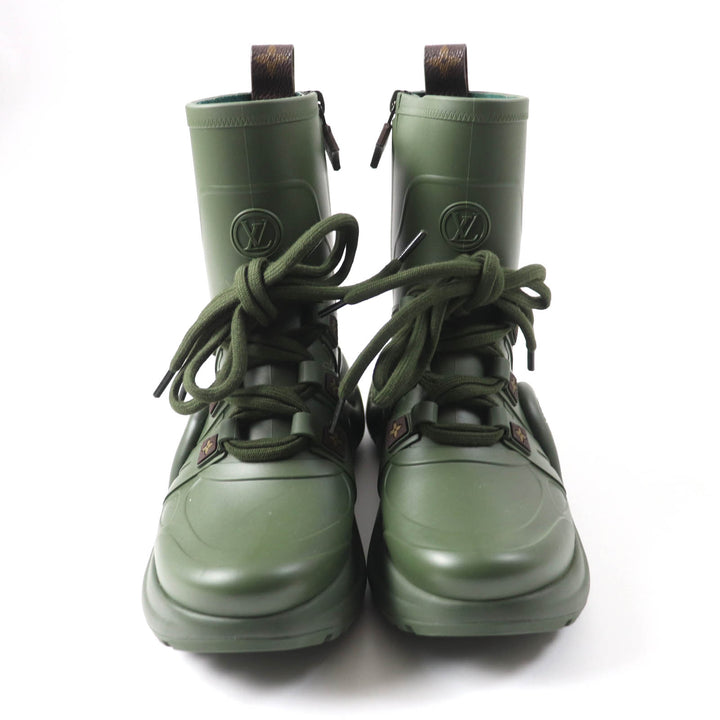 Excellent LOUIS VUITTON Rain shoes Monogram LV logo lace-up side zip khaki