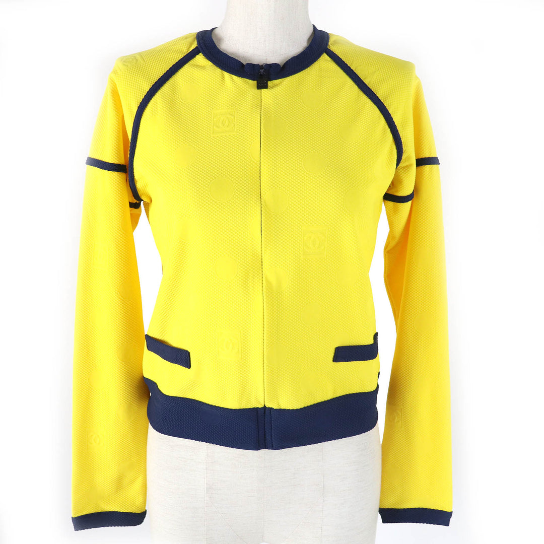 Excellent CHANEL Jacket COCO Mark Dot Pattern ZIP UP Rare Yellow navy Women 36 08P P33377