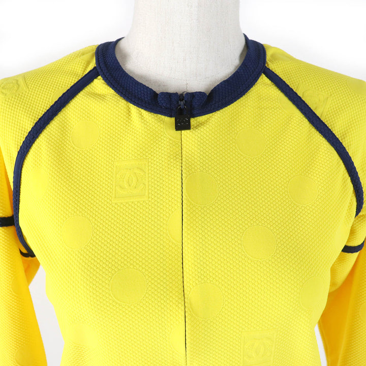 Excellent CHANEL Jacket COCO Mark Dot Pattern ZIP UP Rare Yellow navy Women 36 08P P33377