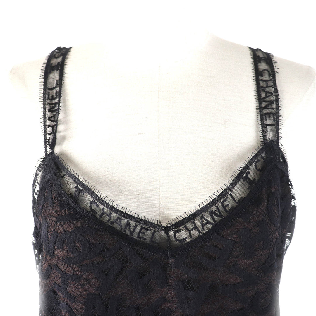 Excellent CHANEL setup All logo lace camisole skirt Black dark brown Women 98A P12215
