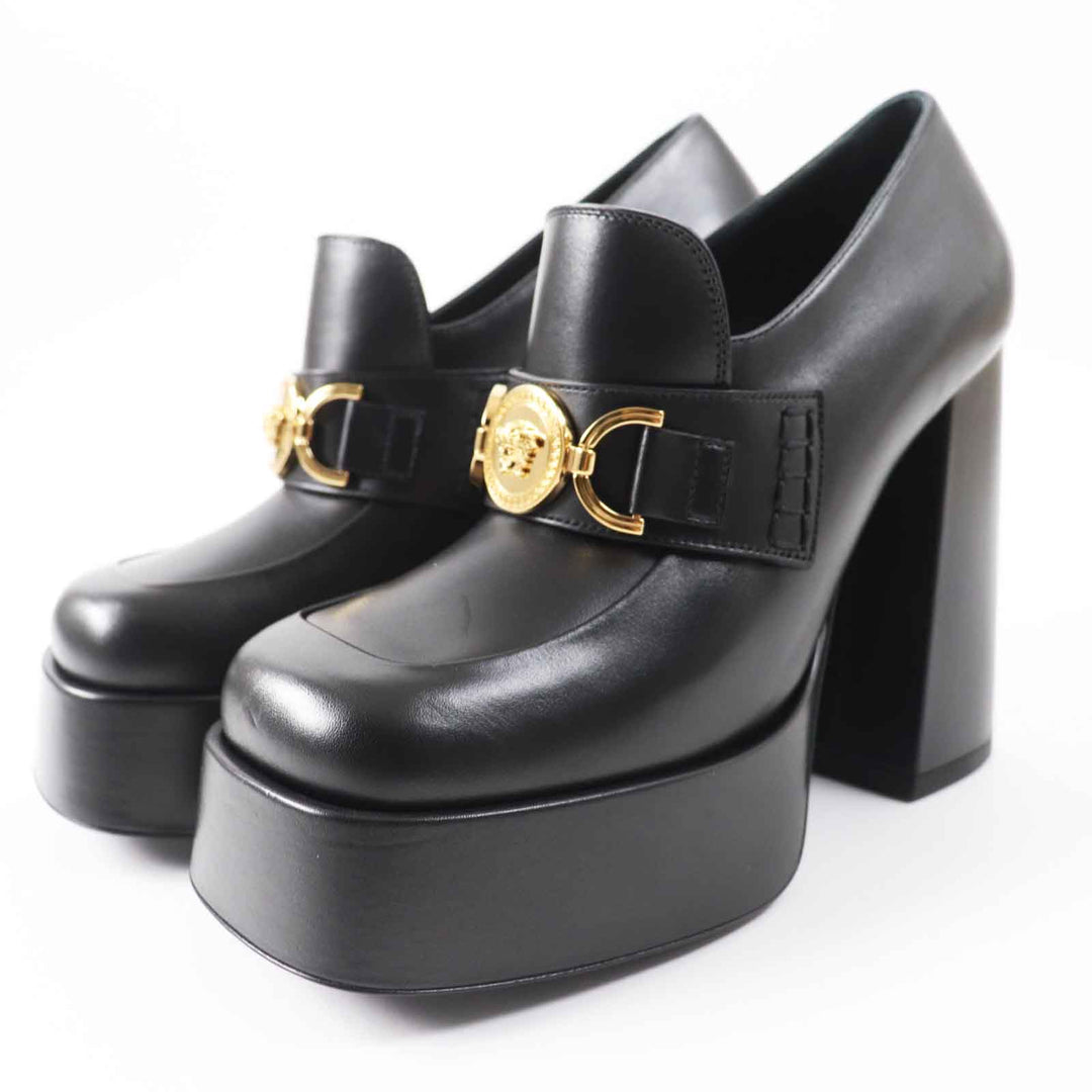 Excellent VERSACE pumps Medusa Metal Chunky Heel Platform black leather Women 37.5