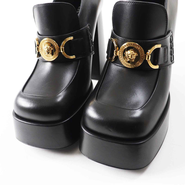 Excellent VERSACE pumps Medusa Metal Chunky Heel Platform black leather Women 37.5