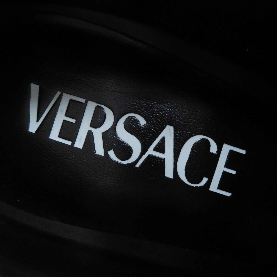Excellent VERSACE pumps Medusa Metal Chunky Heel Platform black leather Women 37.5