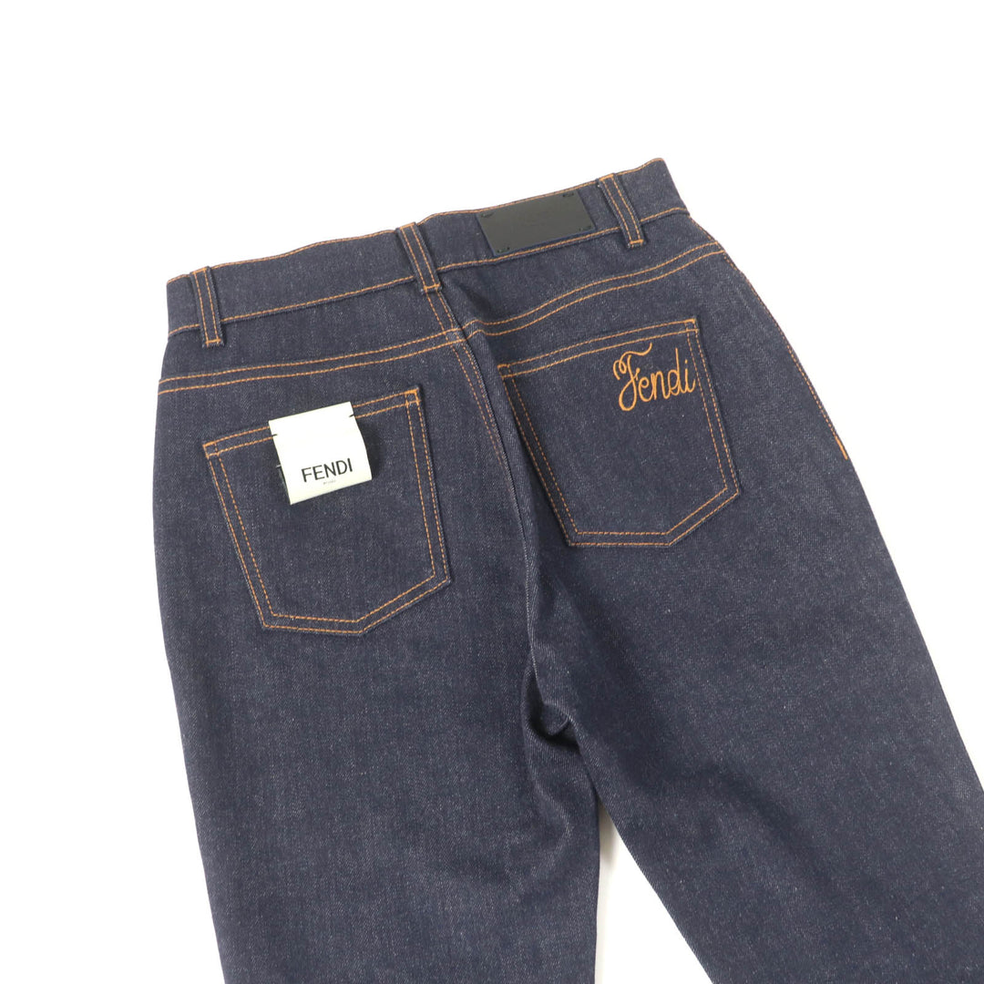 Excellent FENDI Denim pants Leather logo patch and logo button Indigo Women 38