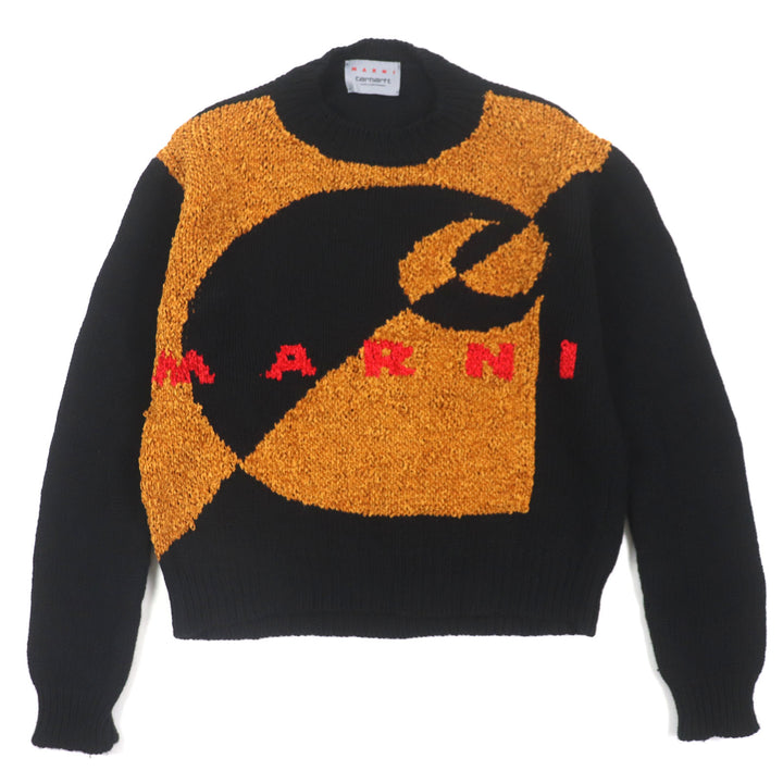 Excellent MARNI×CARHARTT sweater Logo jacquard knit Black brown wool mens 40 GCMD0375Q0