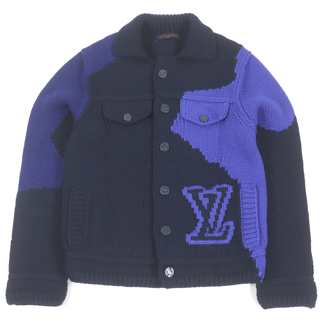 LOUIS VUITTON Jacket Virgil Abloh LV logo intarsia button knit Navy wool mens XL