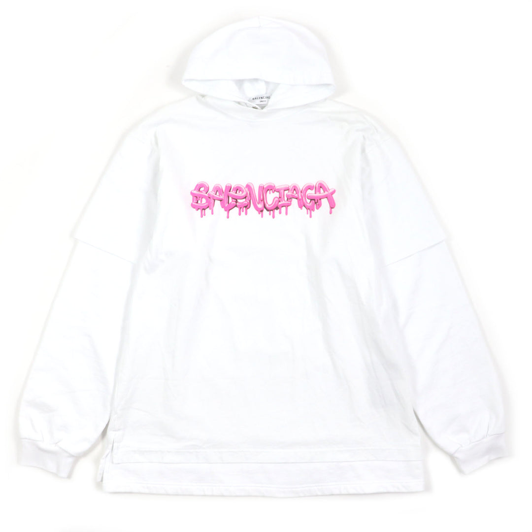 Excellent BALENCIAGA hoodie Graphic logo layered design oversized pullover white cotton XS