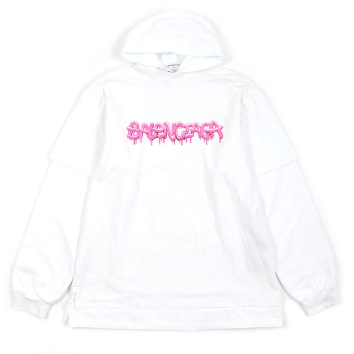 Excellent BALENCIAGA hoodie Graphic logo layered design oversized pullover white cotton XS