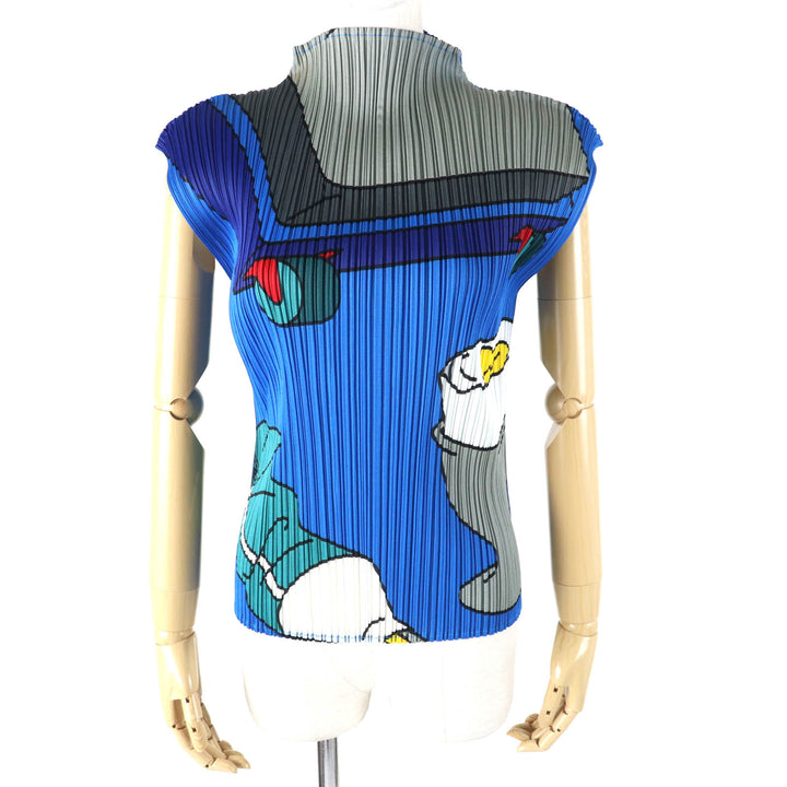Excellent PLEATS PLEASE T-shirt Stationery Print Bottleneck Sleeveless blue polyester Women 3 PP22-JK932