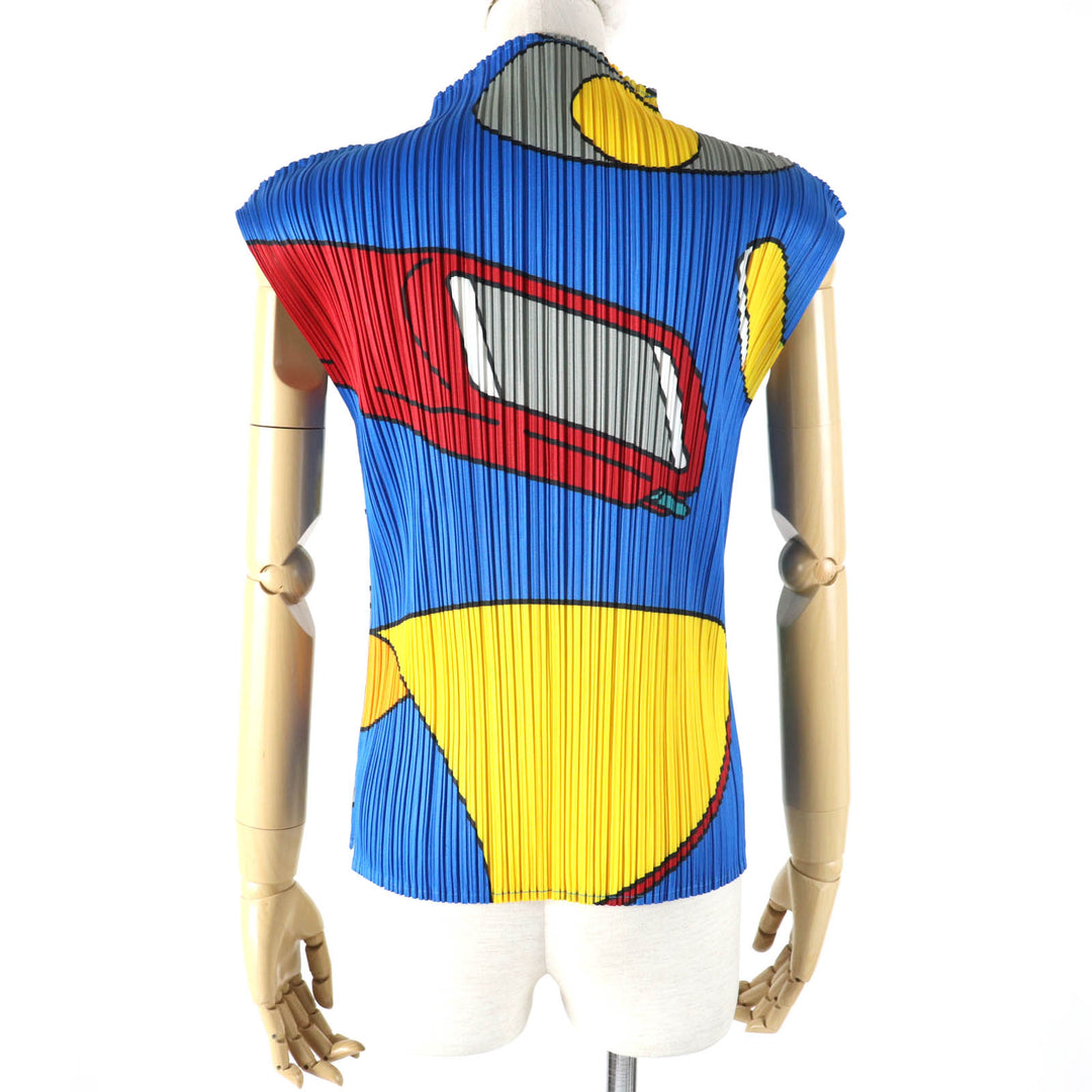 Excellent PLEATS PLEASE T-shirt Stationery Print Bottleneck Sleeveless blue polyester Women 3 PP22-JK932