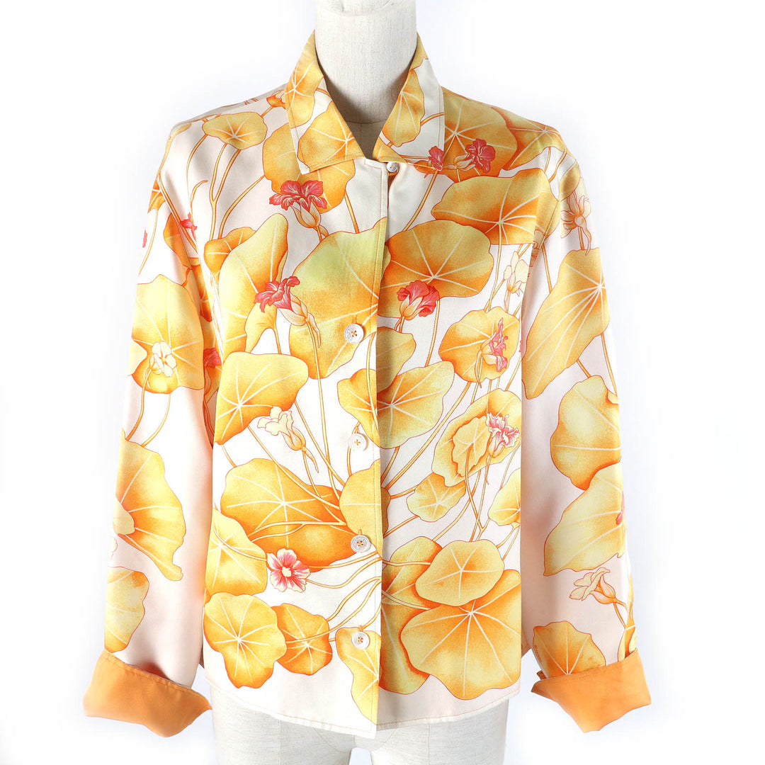 HERMES Long sleeve shirt Les Capucines Orange series silk Women 38