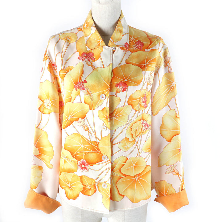 HERMES Long sleeve shirt Les Capucines Orange series silk Women 38