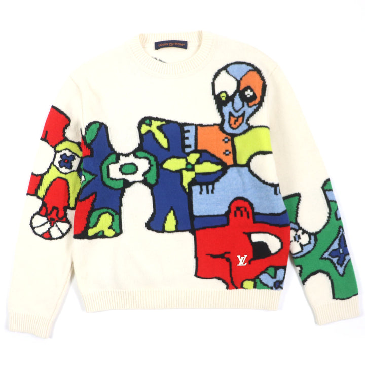 Excellent LOUIS VUITTON sweater LVPuzzle Logo Metal Off White Multi mens M HON63W