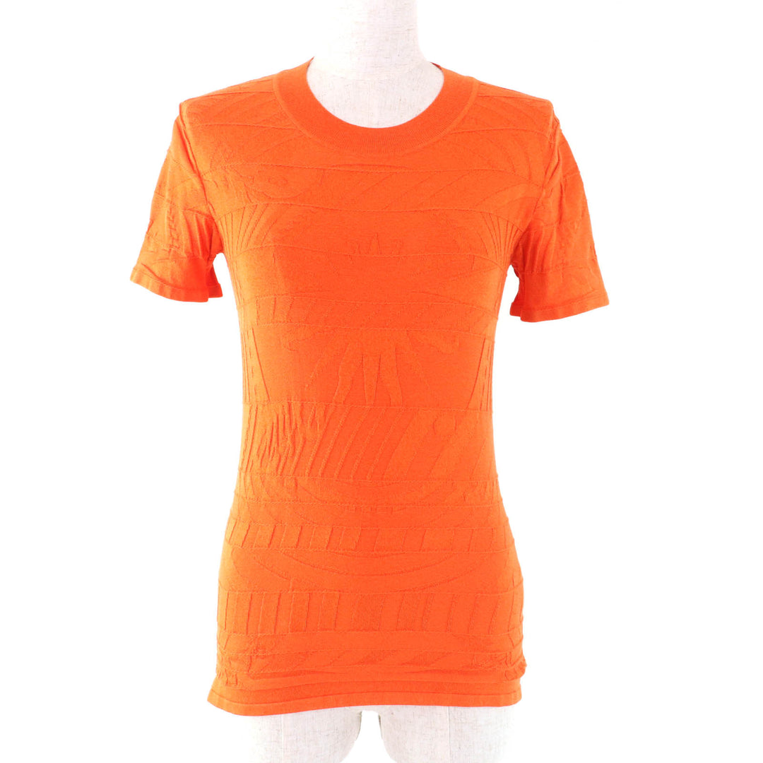 Great HERMES knit Embossed Crew Neck Short Sleeves Orange silk Women 36