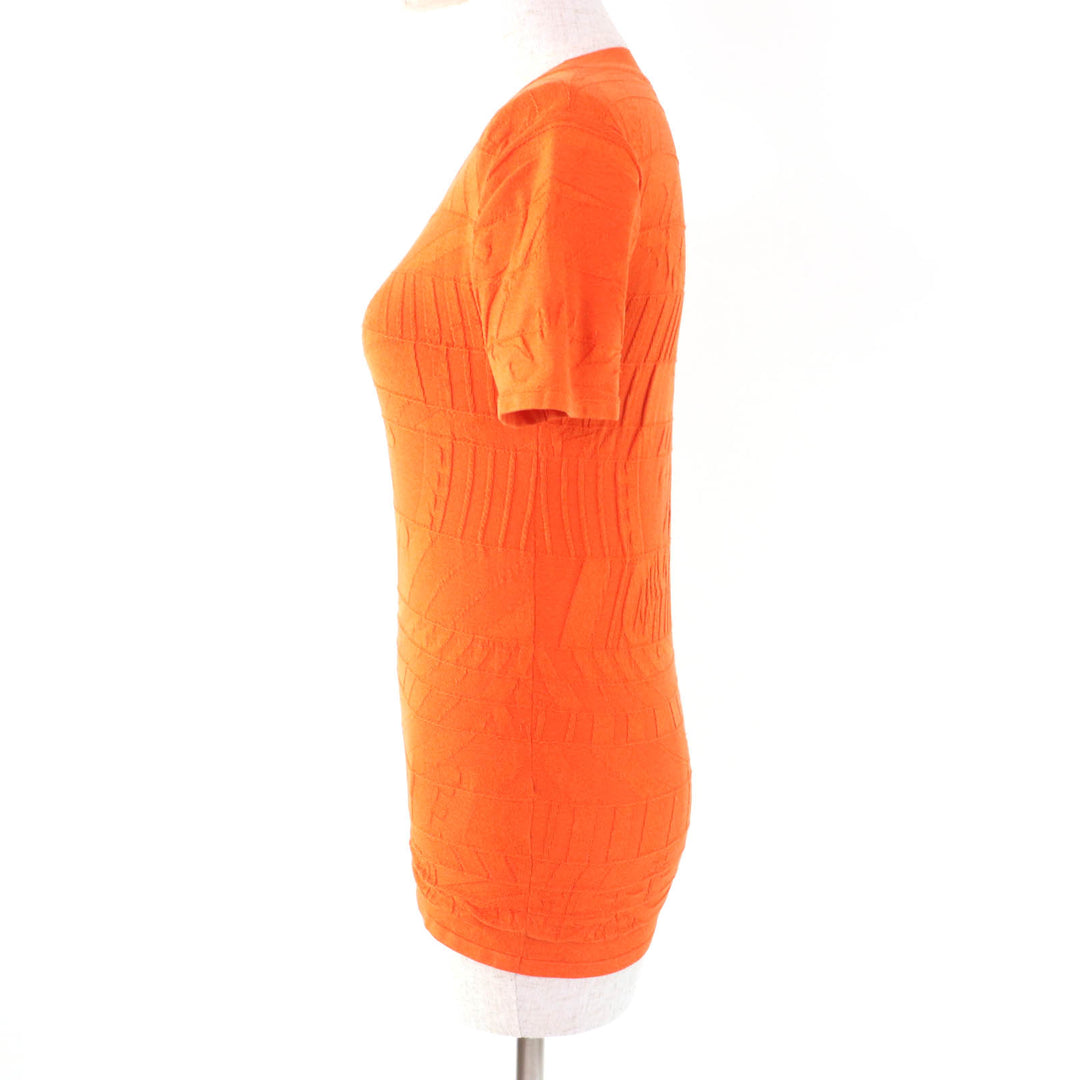 Great HERMES knit Embossed Crew Neck Short Sleeves Orange silk Women 36