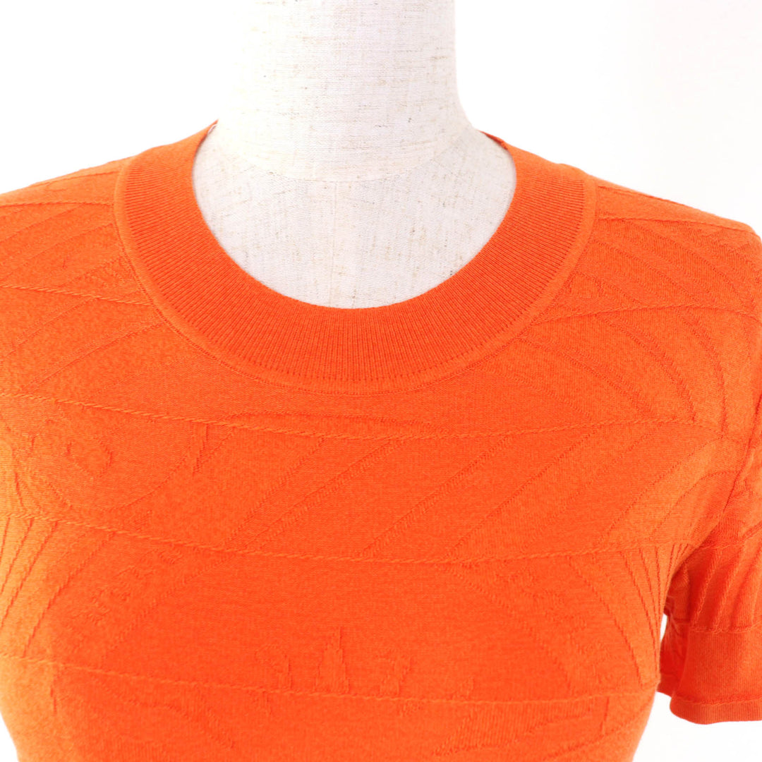 Great HERMES knit Embossed Crew Neck Short Sleeves Orange silk Women 36