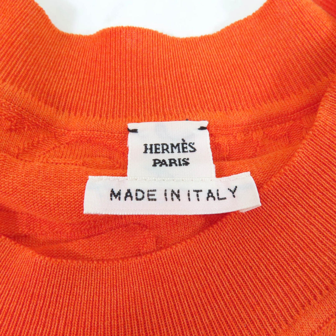 Great HERMES knit Embossed Crew Neck Short Sleeves Orange silk Women 36
