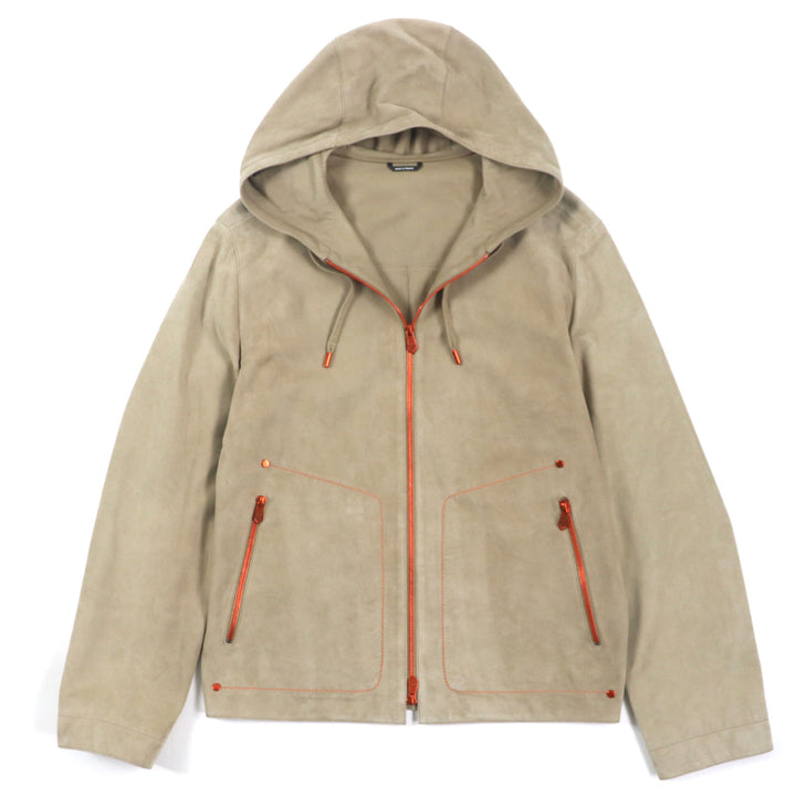 Great HERMES Jacket Rare reindeer skin hoodie Beige orange Reindeer leather mens 44