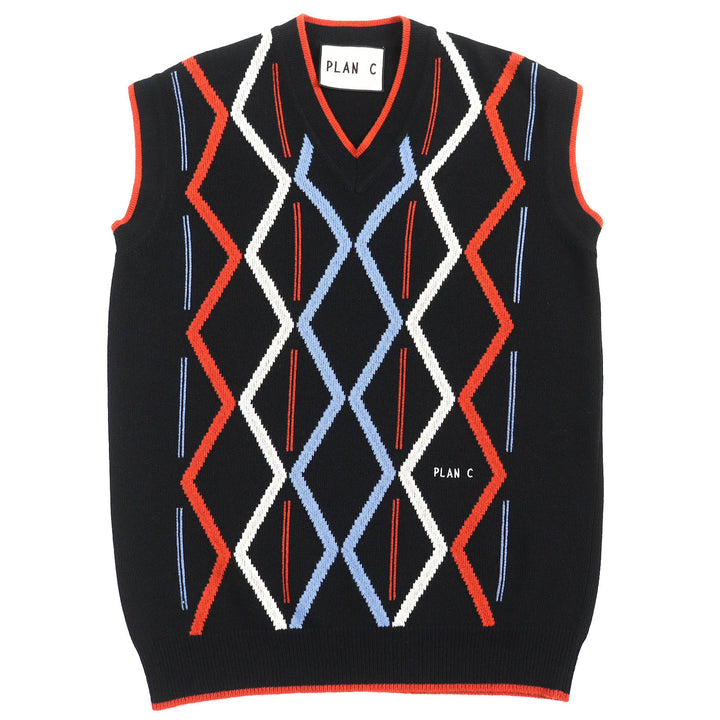 Great Plan C Best Rhombus Intarsia Logo embroidered V-neck knit Black mens 38