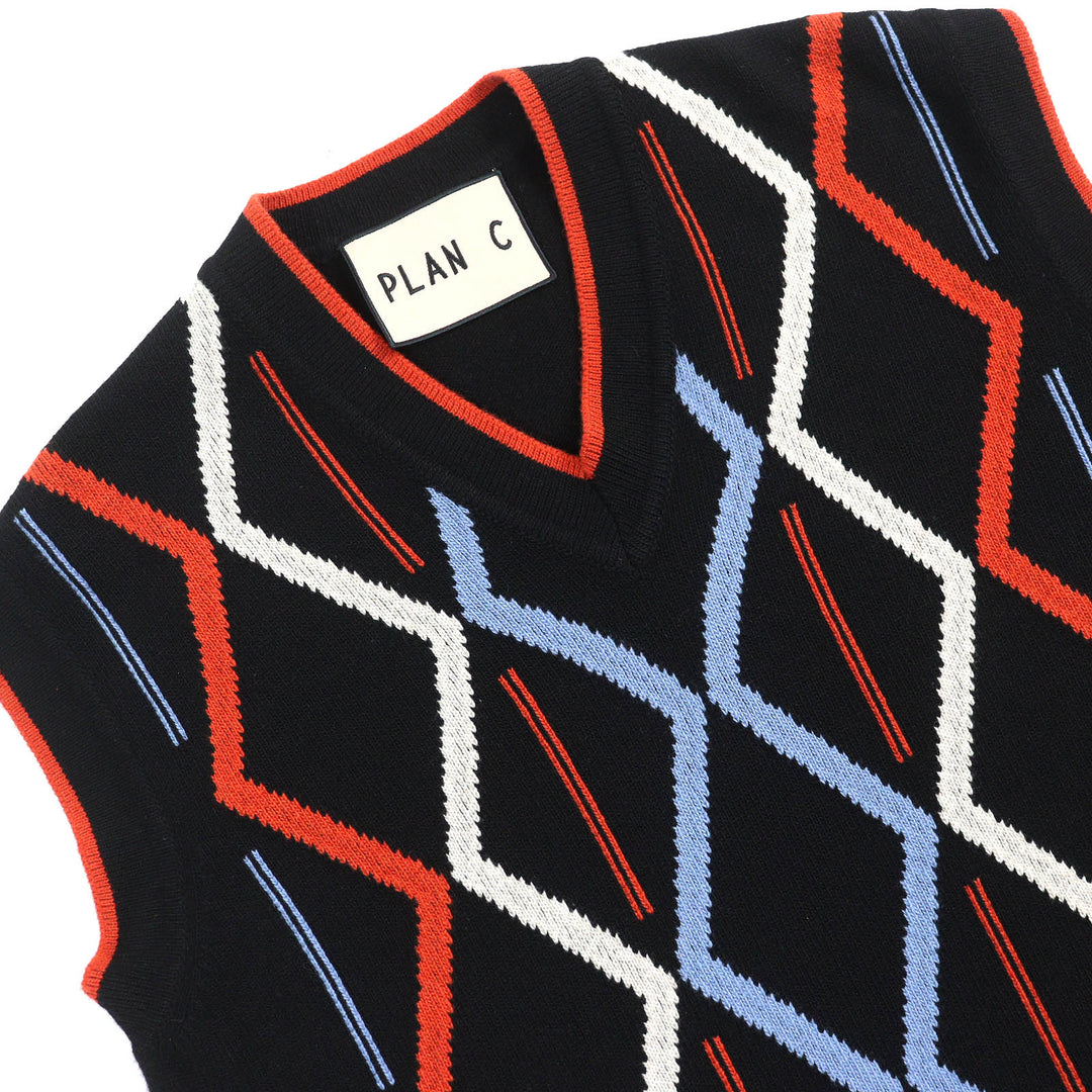 Great Plan C Best Rhombus Intarsia Logo embroidered V-neck knit Black mens 38