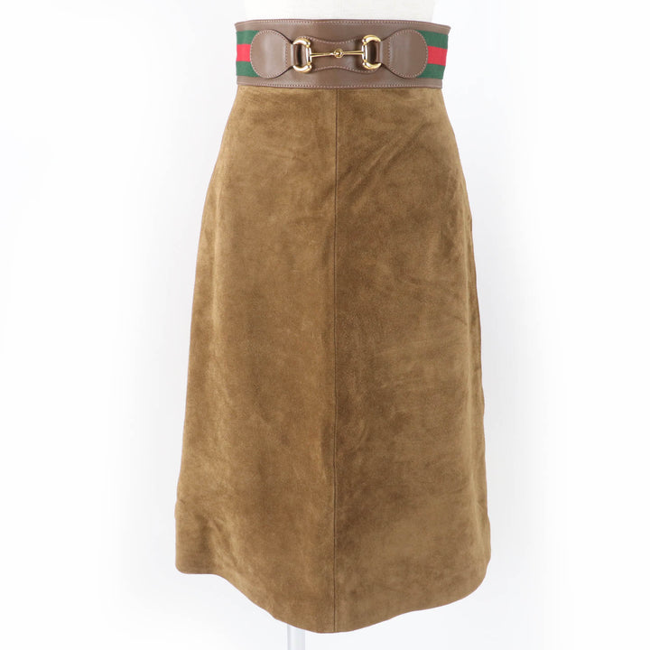 Excellent GUCCI flare skirt Cow suede Horsebit Brown Cowhide 36 626888