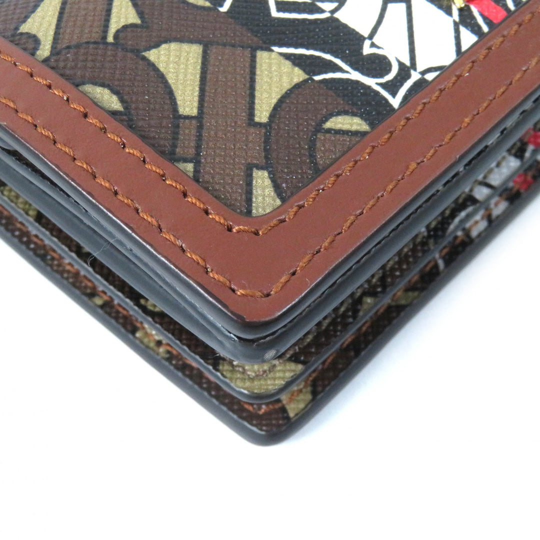 Great BURBERRY Bifold Wallet TB All-over Pattern Compact Chain Wallet Brown PVC