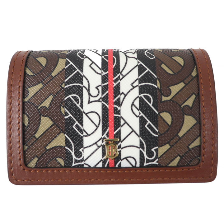 Great BURBERRY Bifold Wallet TB All-over Pattern Compact Chain Wallet Brown PVC