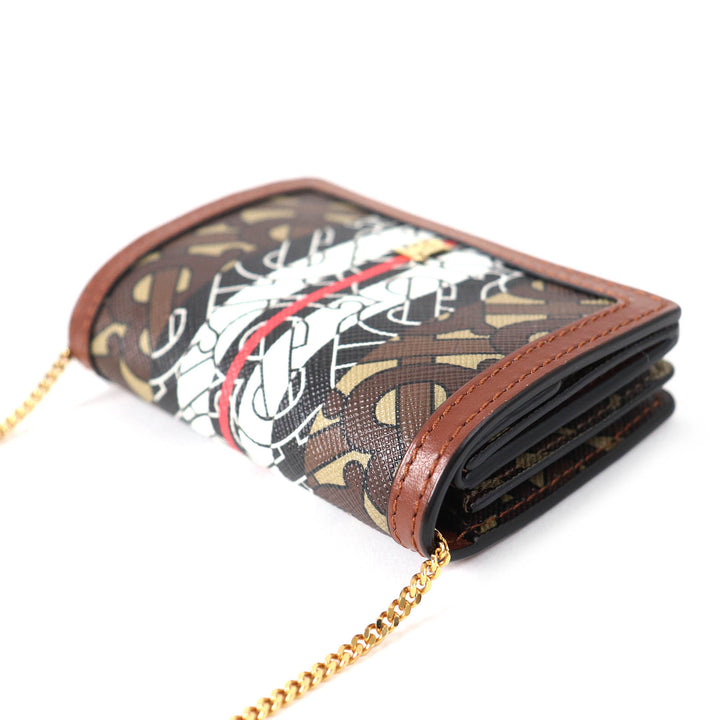 Great BURBERRY Bifold Wallet TB All-over Pattern Compact Chain Wallet Brown PVC