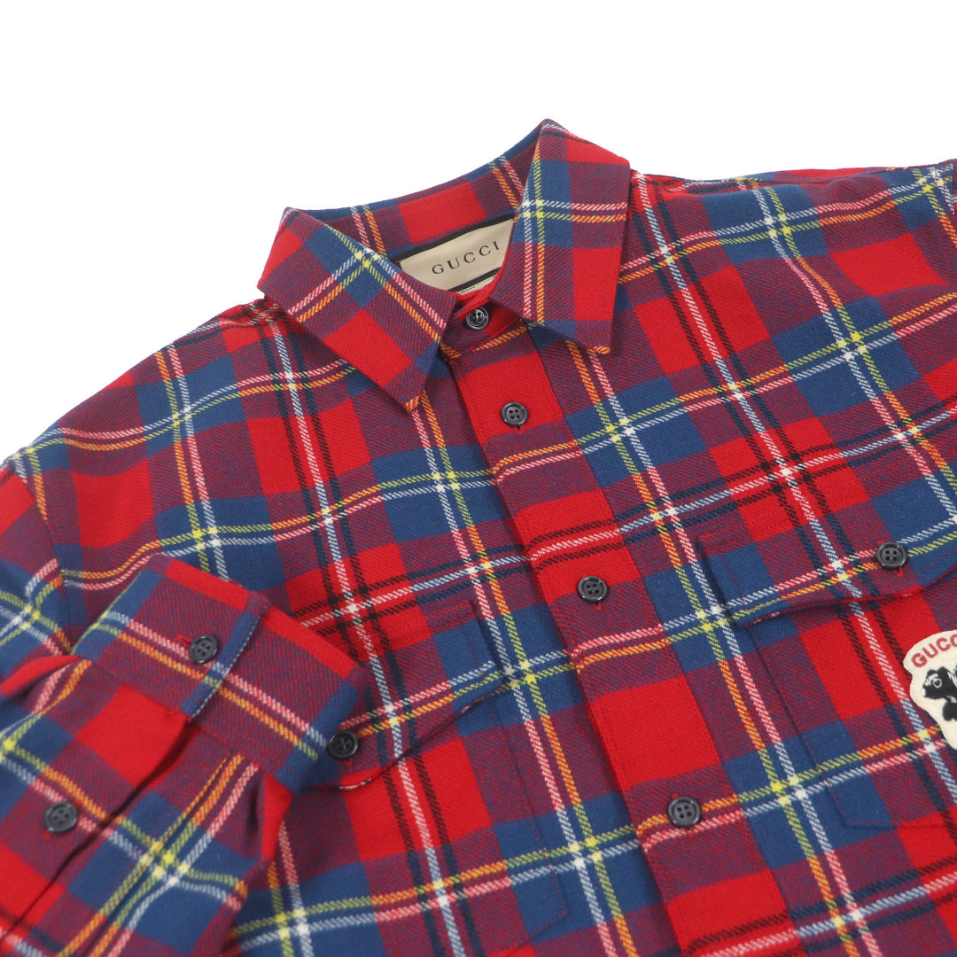 Excellent GUCCI Long sleeve shirt Skunk Patch Tartan Red wool mens 48 720960