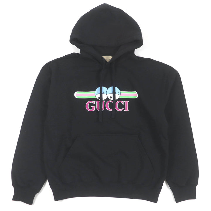 Great GUCCI Parker Logo Print Hoodie Pullover black cotton mens S 782788