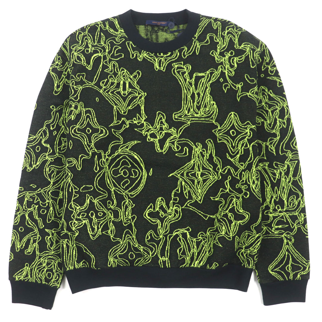 LOUIS VUITTON sweater Crew neck jacquard knit Black Lime cotton mens L
