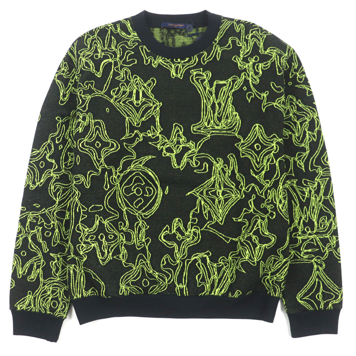 LOUIS VUITTON sweater Crew neck jacquard knit Black Lime cotton mens L