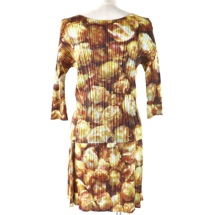 Excellent PLEATS PLEASE two-piece set Popcorn Pattern T-shirt and Miniskirt Brown polyester Women PP83-JK552/PP83-JG555