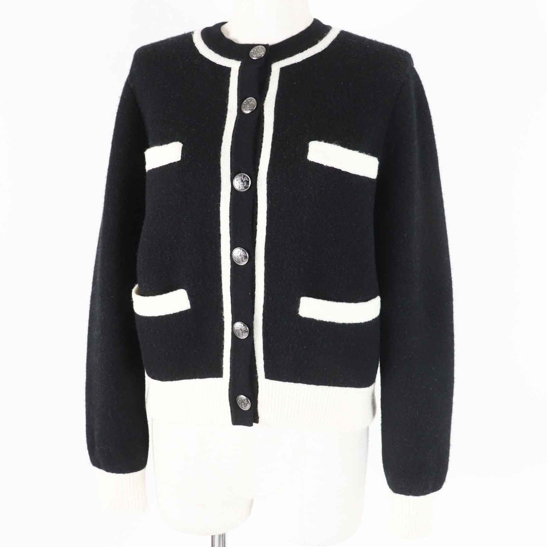 Great CHANEL cardigan Bicolor long sleeve knit Black White cashmere 34 P71365