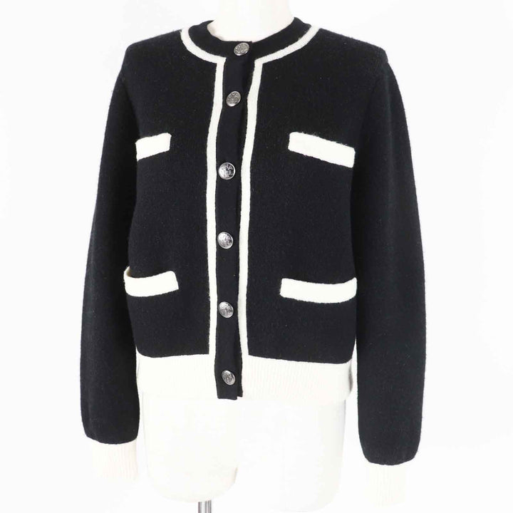 Great CHANEL cardigan Bicolor long sleeve knit Black White cashmere 34 P71365