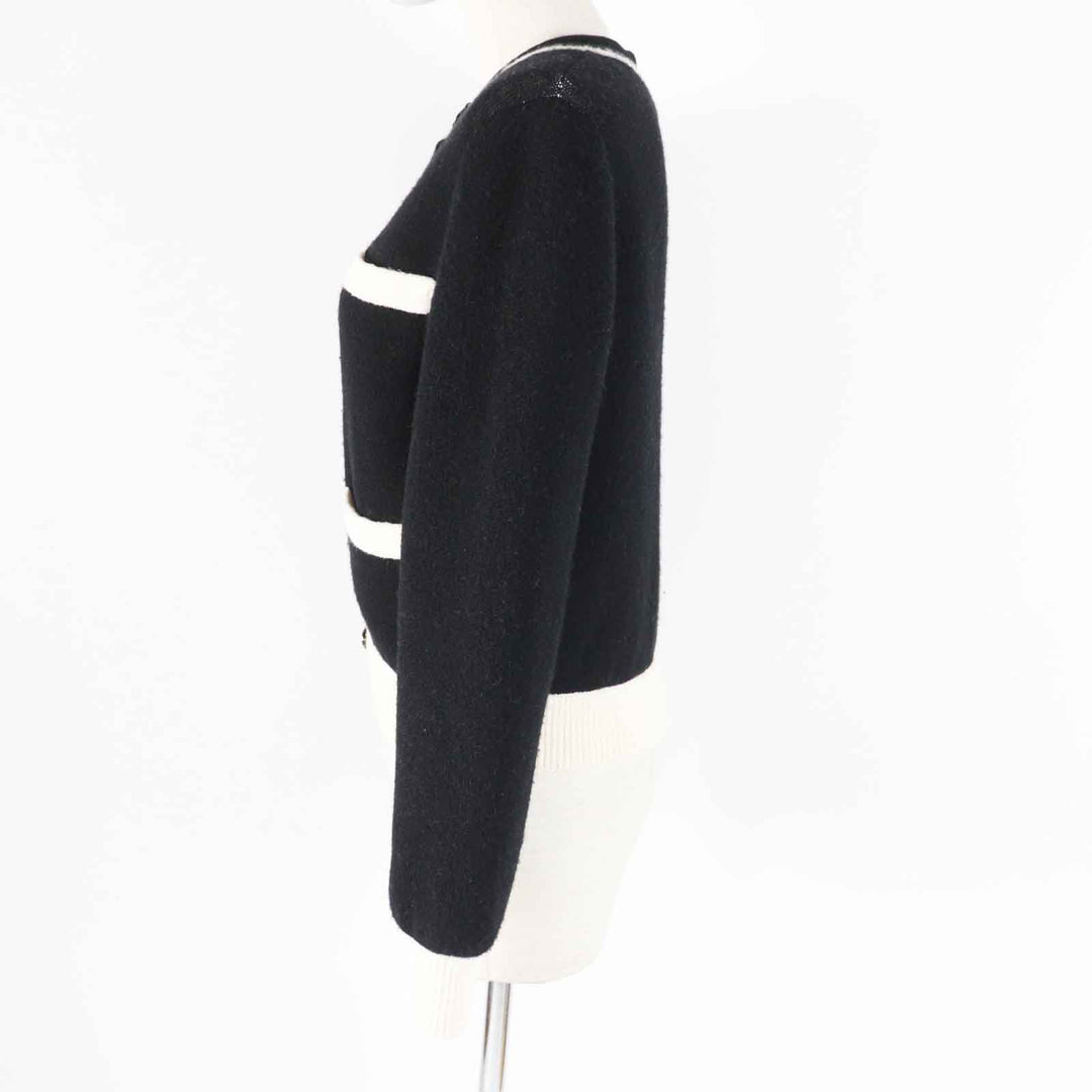 Great CHANEL cardigan Bicolor long sleeve knit Black White cashmere Women 34 P71365