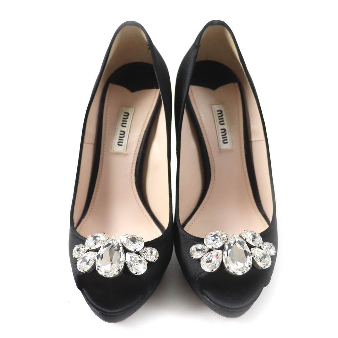 Great MIUMIU pumps Open toe with crystal jewels black Satin Women 37