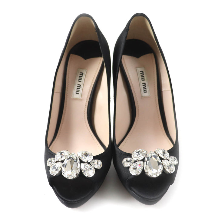 Great MIUMIU pumps Open toe with crystal jewels black Satin Women 37