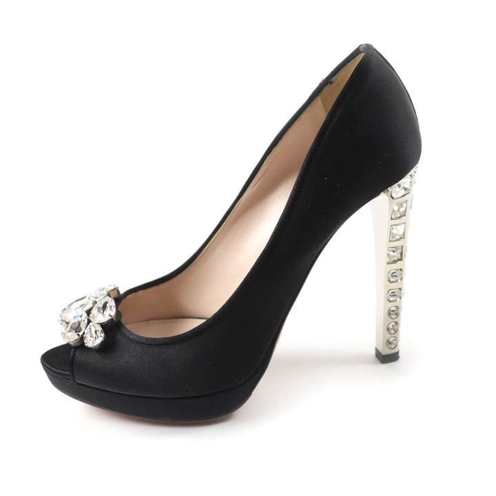 Great MIUMIU pumps Open toe with crystal jewels black Satin Women 37