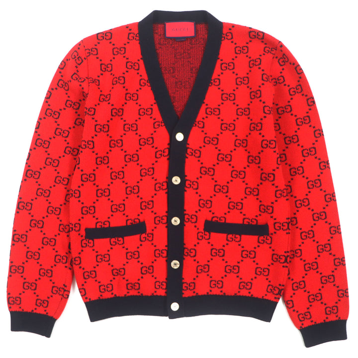 Excellent GUCCI cardigan GG pattern V-neck logo button knit Red black wool mens M 661156
