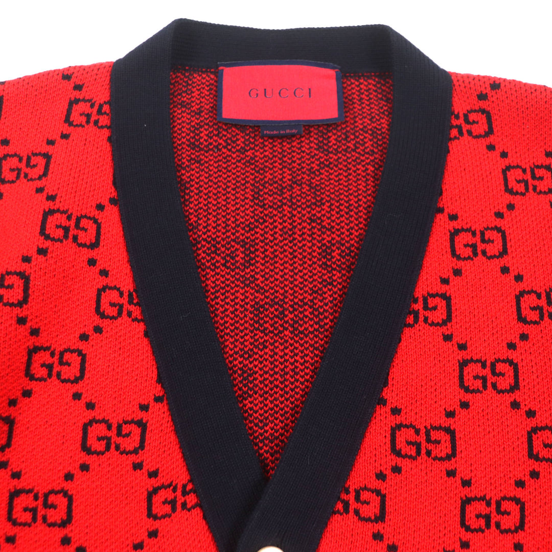 Excellent GUCCI cardigan GG pattern V-neck logo button knit Red black wool mens M 661156