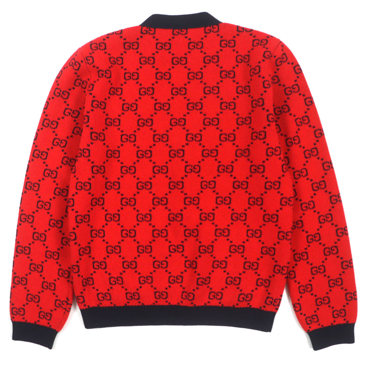 Excellent GUCCI cardigan GG pattern V-neck logo button knit Red black wool mens