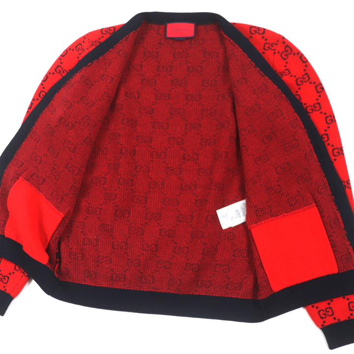 Excellent GUCCI cardigan GG pattern V-neck logo button knit Red black wool mens M 661156