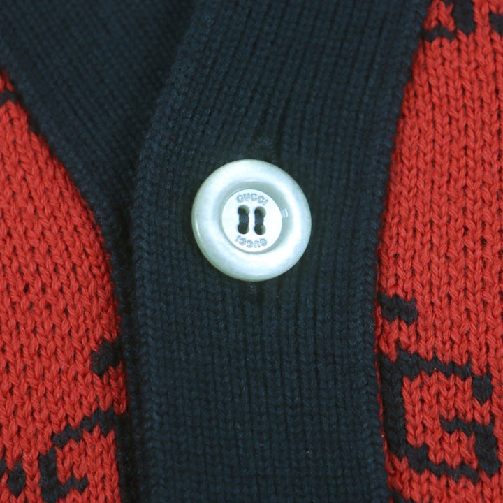 Excellent GUCCI cardigan GG pattern V-neck logo button knit Red black wool mens M 661156
